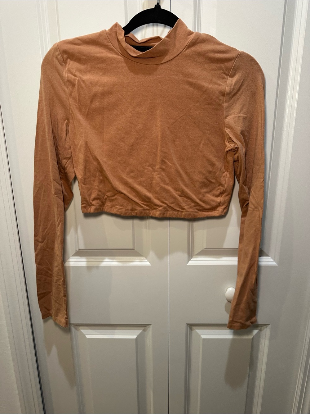 Aero Cropped Mock Neck Long-Sleeve Top in Camel Size L